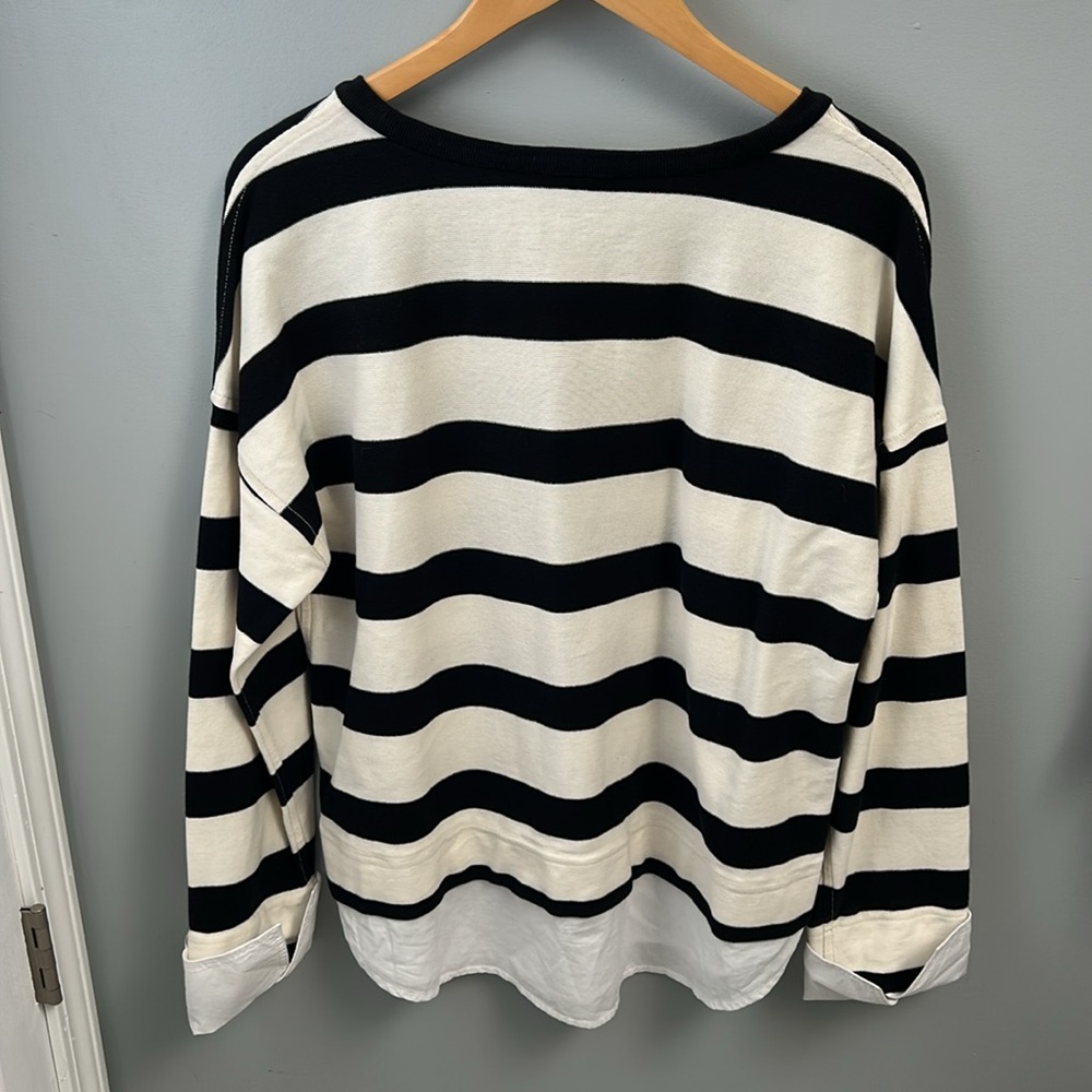 J. Crew Black and Ivory Wide Striped Rugby Shirt with White Shirttail & Cuffs - Picture 4 of 7
